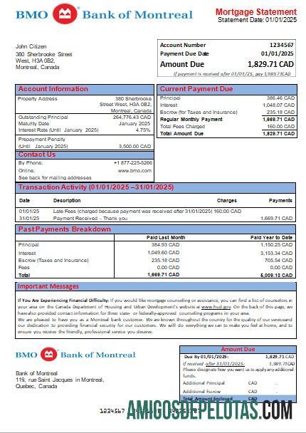 Declaração de hipoteca do banco do Canadá Bank Of Montreal amostra